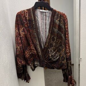 Zara Paisley Wrap Blouse in Burgundy, Olive and Cream with sinched waist